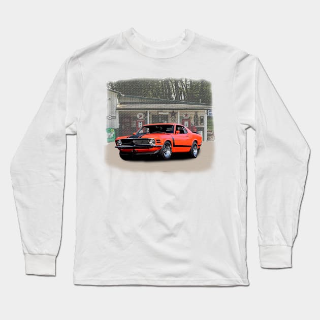 1970 Boss 302 Mustang in our filling station series on front and back Long Sleeve T-Shirt by Permages LLC